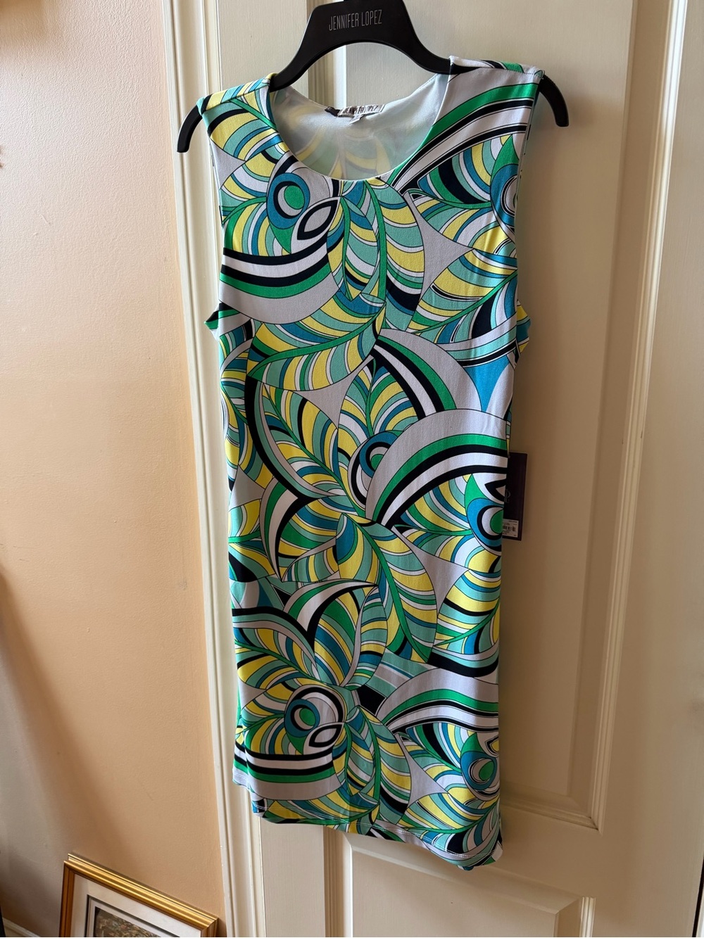 Jennifer Lopez Green Teal Yellow Patterned Sleeveless Dress